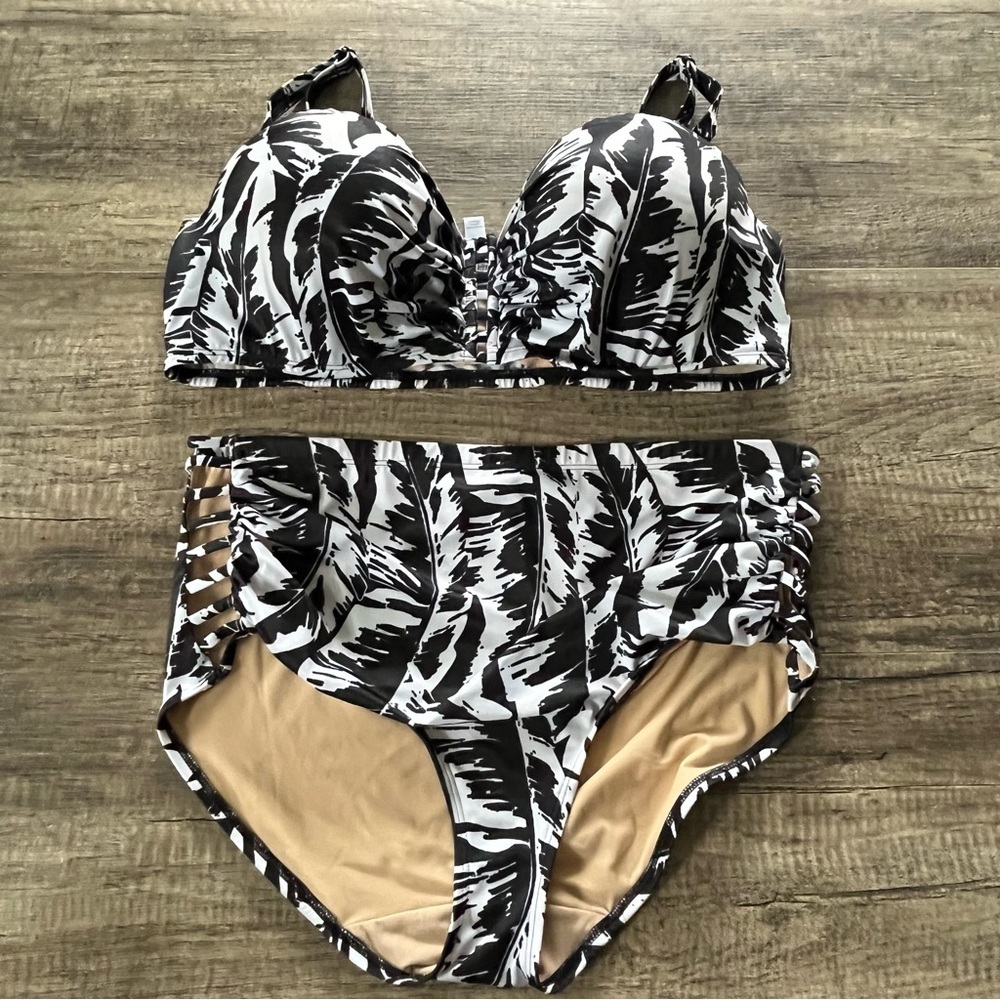 Lane BRYANT SWIM PALM LEAVES STRAPPY UNDERWIRE BIKINI TOP/BOTTOM SZ 44DD/16 - Picture 10 of 13